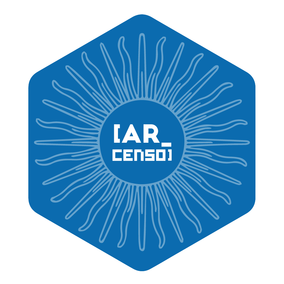 Blue hex sticker from the R arcenso package, with a design inspired by the sun of the Argentinean flag, and the name of the AR_censo package in white letters in the center.