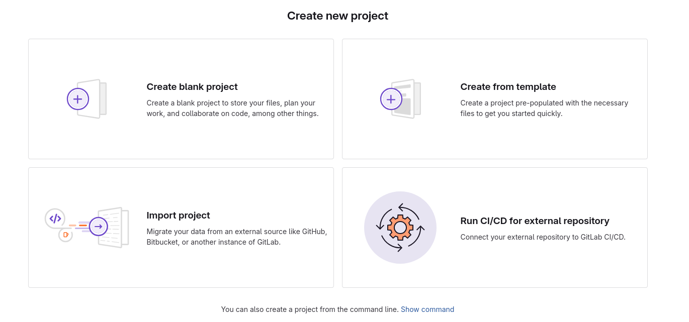 GitLab repository import options: Create blank project; Create from template; Import project; Run CI/CD for external repository.