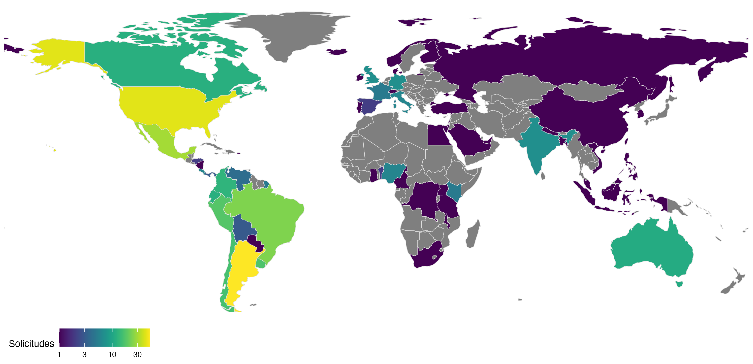 World map showing applications levels by country, with a color gradient from dark purple (1) to yellow (30). North America, parts of South America, and Australia show higher values in yellow-green, while parts of Asia, and Africa appear in darker purple tones indicating lower values.