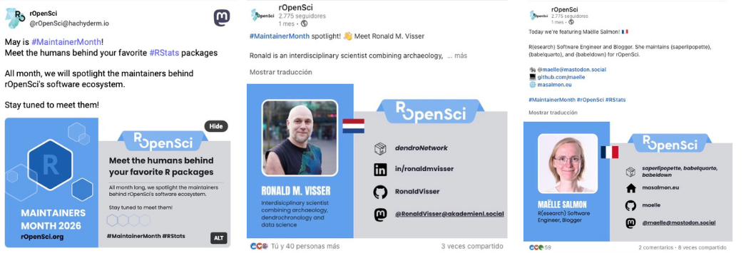 First post in Mastodon announcing the maintainer month campaign, Ronald M. Visser and Maรซlle Salmon post on LinkedIn