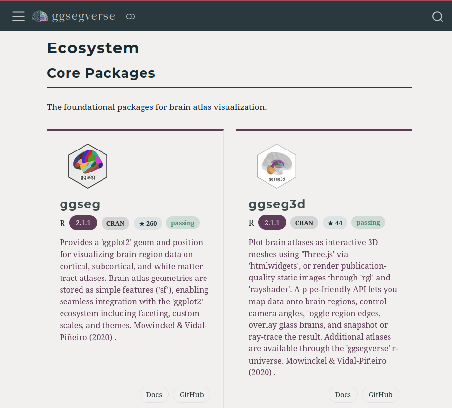 Screenshot of the ggsegverse website, with informative package cards