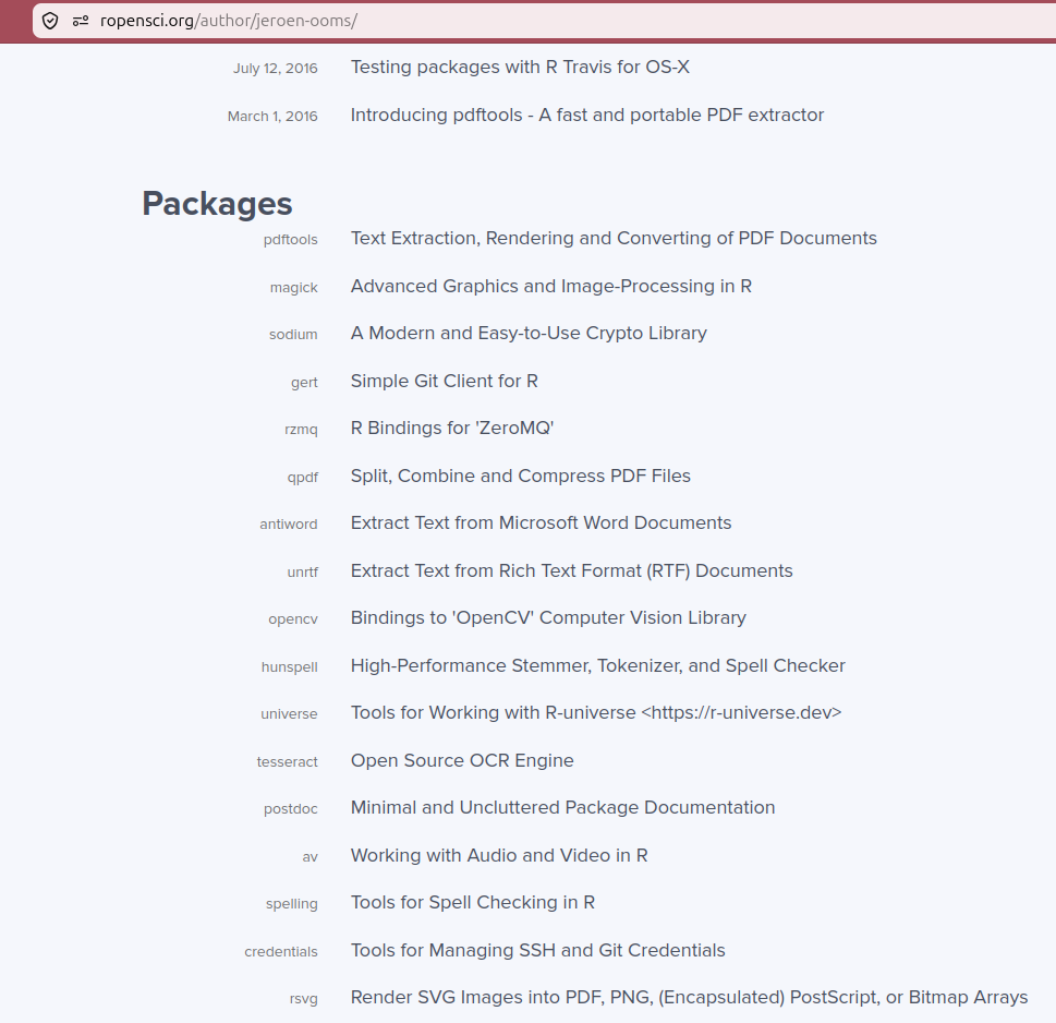Screenshot of Jeroen Ooms' author page on the rOpenSci website, featuring the list of rOpenSci packages that he maintains.