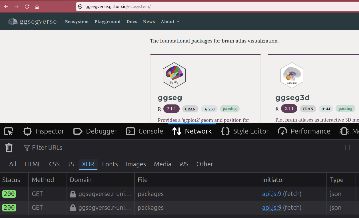 Screenshot of the web developer tools' network tab, showing the XHR request logged when one reloads the ggsegverse website